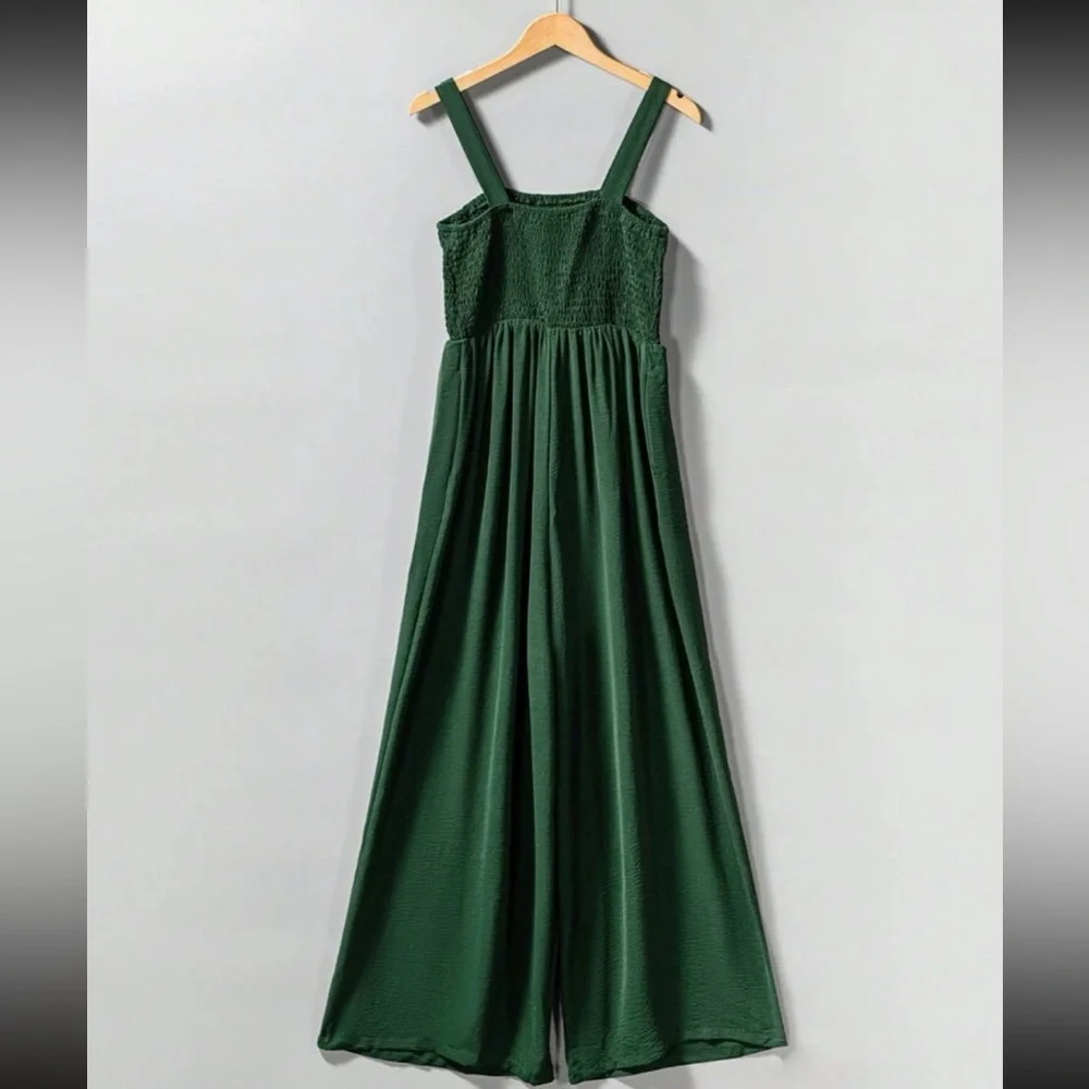 Boho Smocked Cami Top Wide Leg Pants Jumpsuit Green - Picture 5 of 11